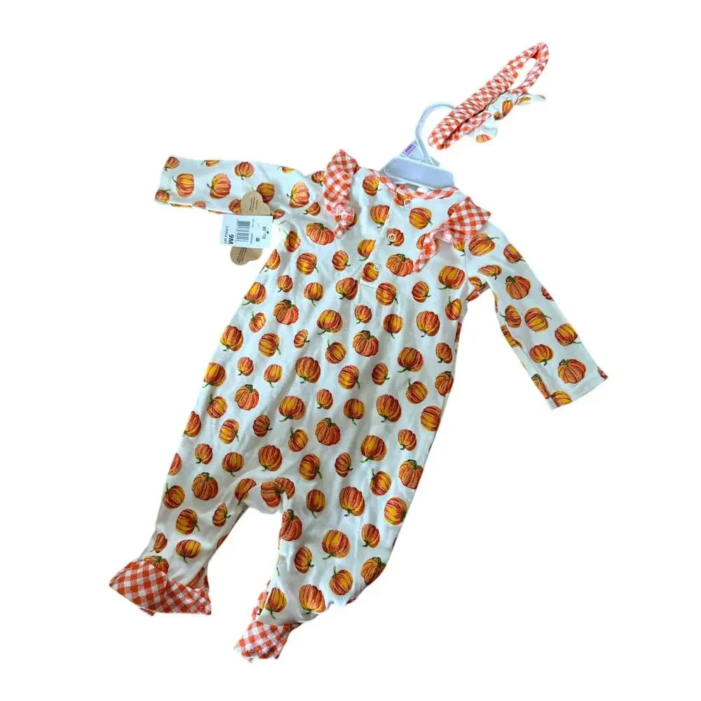NWT‎ Baby Essentials 2 piece pumpkin fall infant outfit with matching headband